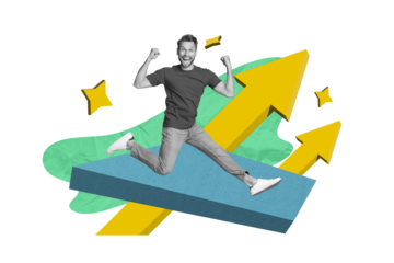 Collage creative artwork magazine of young investor businessman jumping profit benefit budget growing isolated on drawing background