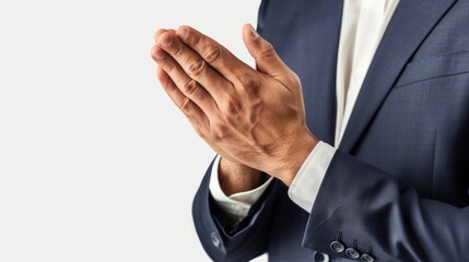 Obraz premium A businessman in a suit claps his hands, conveying enthusiasm and approval