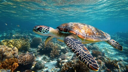 Obraz premium Sea Turtle Swimming Over Coral Reef