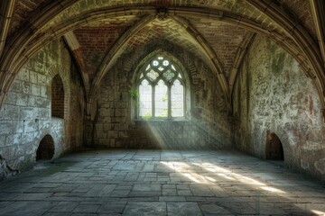 Ancient Room. Medieval Architecture in Old Castle Building with Stone Arches