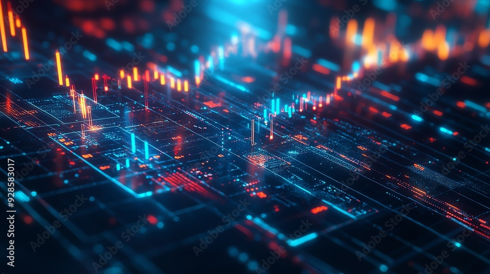 Poster dynamic abstract representation of financial data with glowing graphs and vibrant colors, ideal for 