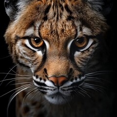 Obraz premium A close up shot of a bobcat's face, with a dark background, shows its sharp eyes, whisker, and fur pattern.