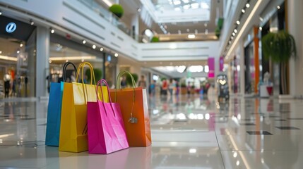 Naklejka premium Four colorful shopping bags on a shiny floor in a shopping mall.
