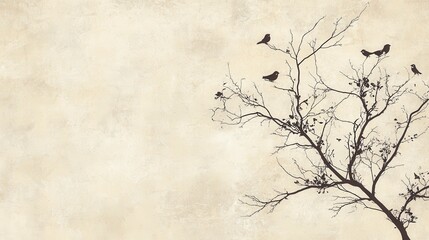 A serene illustration of a bare tree with birds perched on its branches against a textured background.
