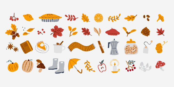 Various cozy autumn design elements. Collection of vector hand drawn illustrations. All elements are isolated.