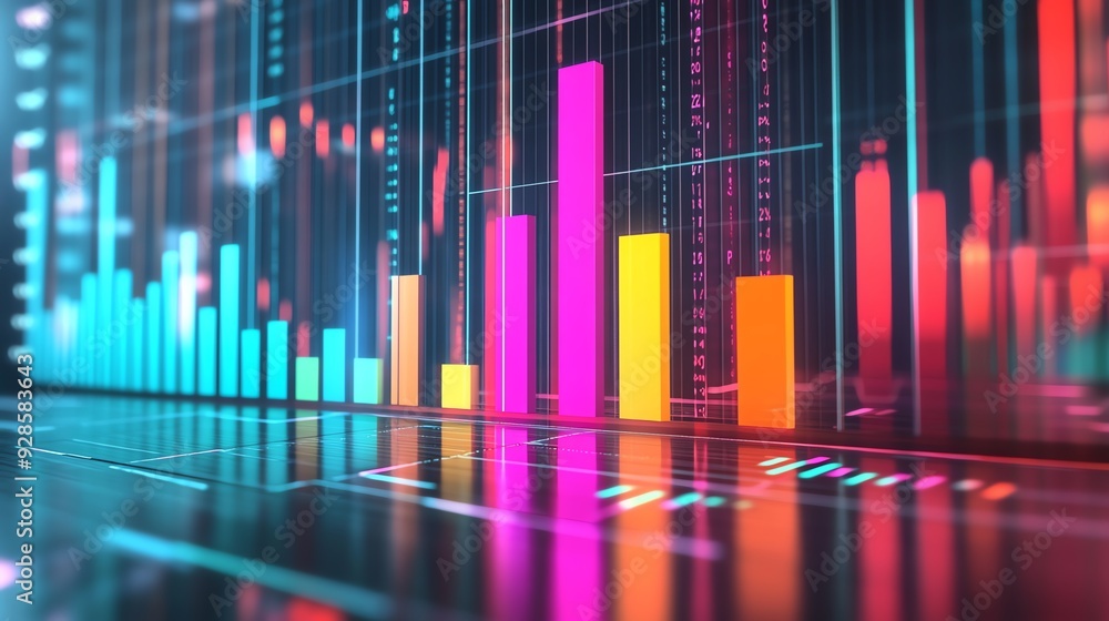 Poster colorful data visualization with vibrant bars representing statistical analysis on a digital screen.