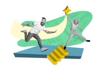 Creative collage picture of overjoyed black white effect father son run jump climb stairs reach star isolated on drawing background