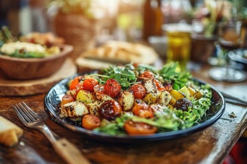 Vibrant salad with cherry tomatoes, greens, and herbs on a rustic table, perfect for healthy dining and culinary inspirations.