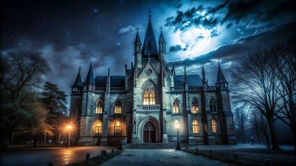 An old, gothic church stands under a full moon with stars in the sky.
