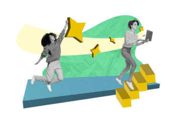 Artwork collage picture of two black white gamma girls jump reach touch star run climb stairs use netbook isolated on painted background