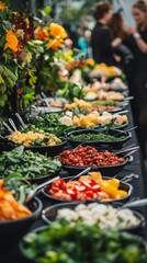 A vibrant display of fresh vegetables and fruits arranged in bowls at a lively gathering, showcasing healthy eating choices.