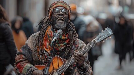 Obraz premium Smiling musician playing guitar, joyful expression, street performance, vibrant attire, lively atmosphere.