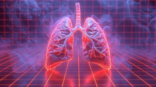 Detailed 3D model of human lungs with color-coded parts (lungs in red, airways in blue), blood vessels in brown. Smoke effect adds visual interest.