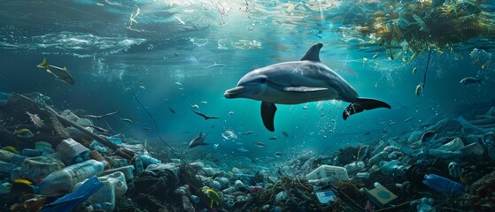 Naklejka premium Dolphin in polluted ocean with rubbish - bottles, bags, nets. Fish are close by. Shows contrast of dolphin's beauty and sea pollution.