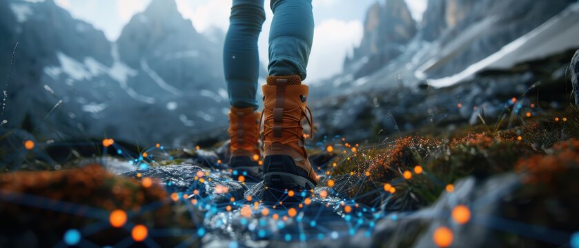 Futuristic Hiking Gear  Hologram Display with Technical Details 