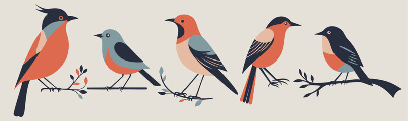 Obraz premium Vector set of decorative folk birds isolated on light beige background