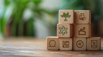 Wooden Cubes with Green and Brown Icons on a Tabletop