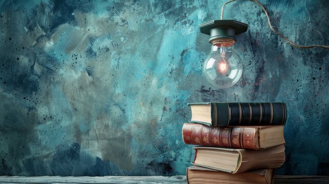 A serene setting with five books on a wooden table against a green-blue wall, lit by an old-fashioned bulb, evokes a peaceful learning ambiance.