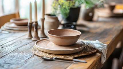 Fototapeta premium Rustic wooden dining table set with earthy ceramic bowl and plate, accented by candles and greenery in a cozy setting