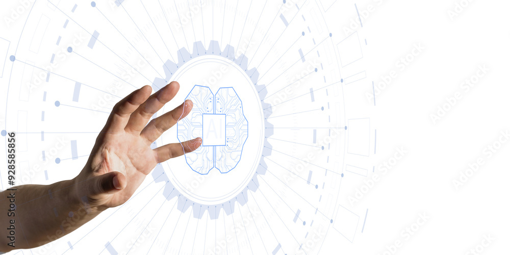 Poster Hand reaching towards a neural network AI symbol, depicted in a technology layout on a white background. Concept of artificial intelligence and machine learning