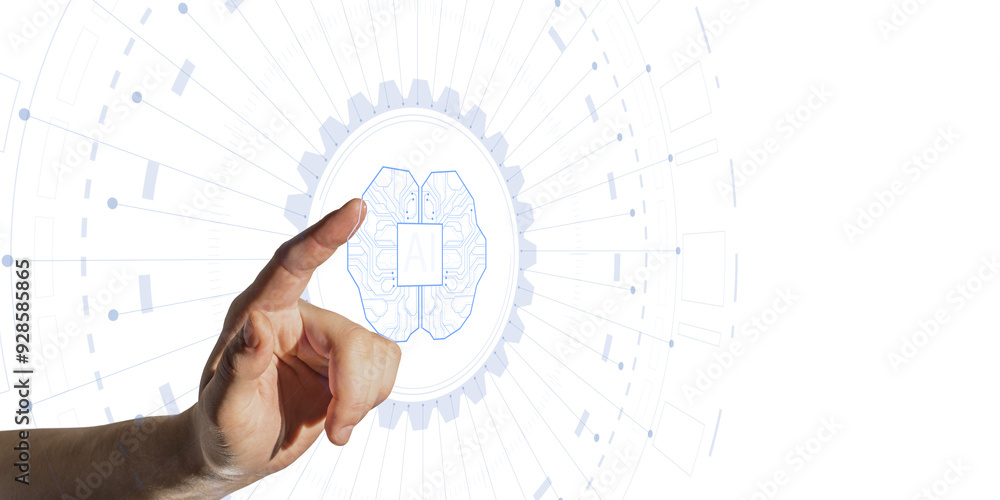 Fototapete Human hand reaching towards an AI brain symbol on a futuristic digital interface, with a white background, representing technology and machine learning concepts