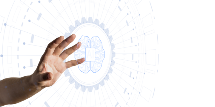 Hand reaching towards a neural network AI symbol, depicted in a technology layout on a white background. Concept of artificial intelligence and machine learning