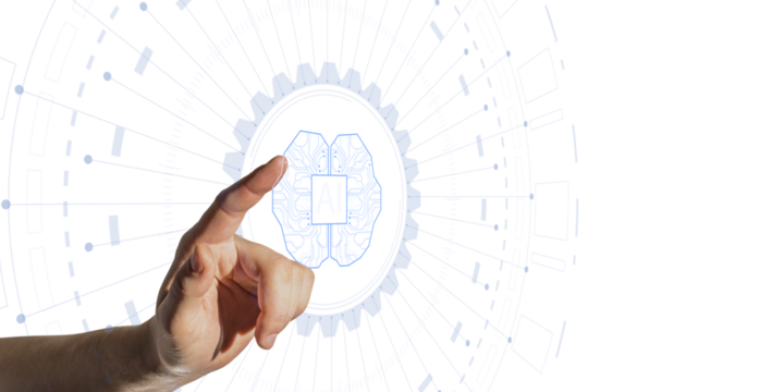 Human hand reaching towards an AI brain symbol on a futuristic digital interface, with a white background, representing technology and machine learning concepts