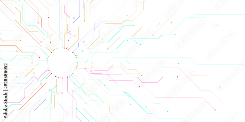 Aufkleber Abstract colorful circuit board design with lines and dots radiating from a central point on a clean white background. Concept of technology. 3D Rendering