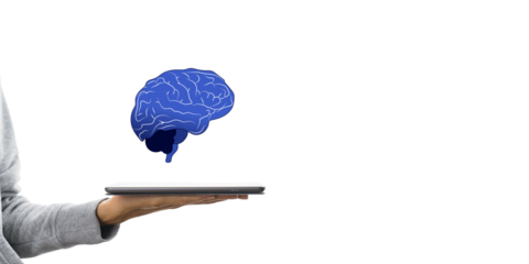 A human hand holds a tablet while a blue brain illustration floats above it, set against a white background, symbolizing technology and intelligence