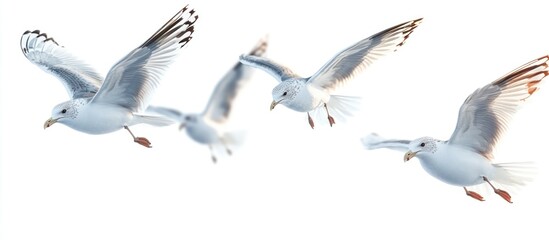 Obraz premium Three Seagulls Flying in Formation Against a White Background