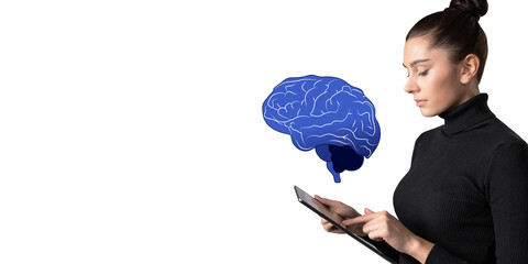 A woman in a black turtleneck uses a tablet while a blue brain illustration floats beside her on a white background, portraying technology and human cognition concepts