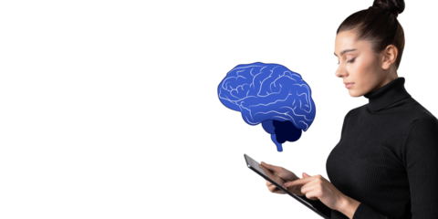 A woman in a black turtleneck uses a tablet while a blue brain illustration floats beside her on a white background, portraying technology and human cognition concepts