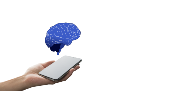 Image of a human hand holding a smartphone with a blue brain illustration above it. Clean, isolated on a white background, concept of technology and artificial intelligence