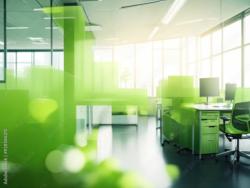 Poster an artificially created concept image of a green office space, highlighted with a blurred effect