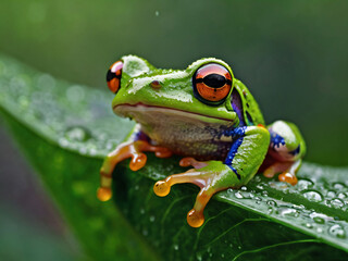 Naklejka premium a vivid, close-up shot of a tree frog perched on a large dew-covered leaf