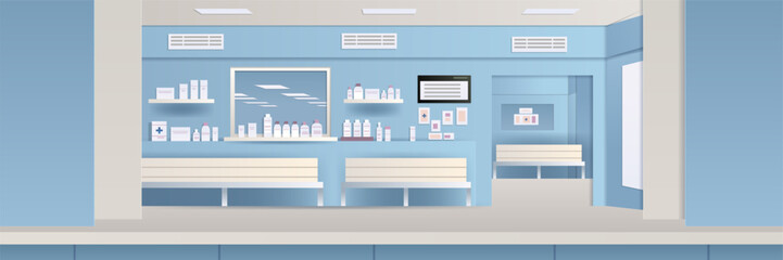 Naklejka premium Pharmacy interior with medicine shelves and benches minimalist design pastel colors healthcare setting