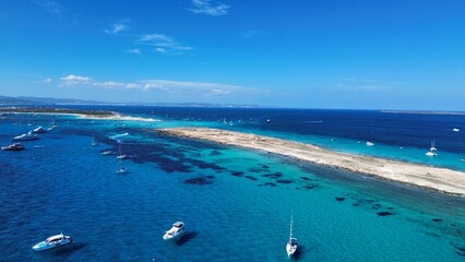 Aerial view of Formentera island, Spain, at summer season, with turquoise water