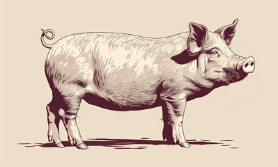 Fototapeta premium Pig, hog, boar. Vintage retro print, black white pig sketch ink pencil style drawing, linear drawing, engrave old school. Sketch artwork silhouette pig, hog, boar. Side view profile. Illustration