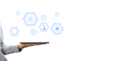 Man's hand holding tablet with artificial intelligence icons. Minimalist style, white background. Concept of AI technology and machine learning