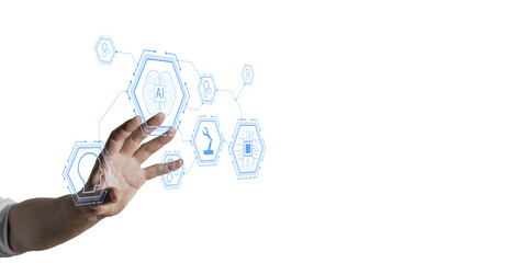 A hand interacting with futuristic AI technology icons, displayed in a clean and minimalistic...