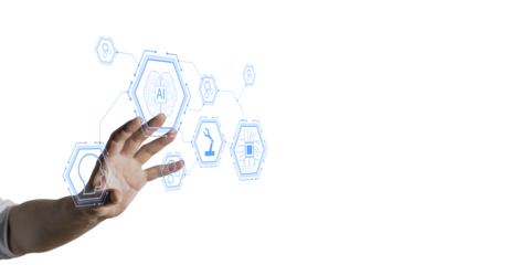 A hand interacting with futuristic AI technology icons, displayed in a clean and minimalistic graphic style on a white background. Concept of artificial intelligence and machine learning technology