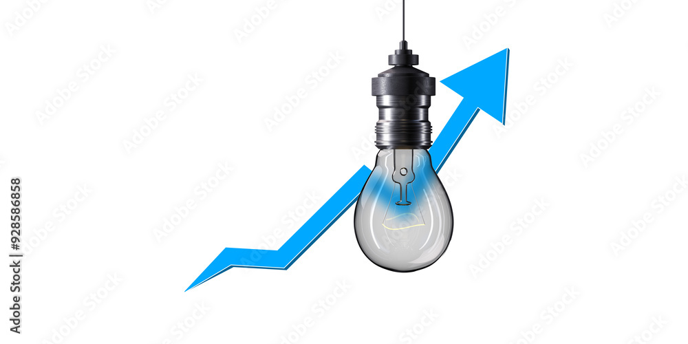 Aufkleber Light bulb hanging with a blue upward arrow in the background. Isolated on a white background. Concept of innovation and growth. 3D Rendering