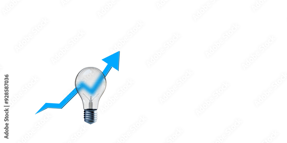 Poster Lightbulb with a blue arrow graph inside on a white background. The object represents a concept of growth and innovation. 3D Rendering