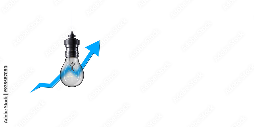Poster light bulb with blue arrow on white background, symbolizing growth and innovation. 3d rendering