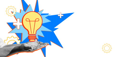 Lightbulb concept with human hands holding it, blue and yellow graphic elements, white background. Represents creativity and innovative ideas