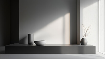 Minimalist Interior with Gray Platform and Vases