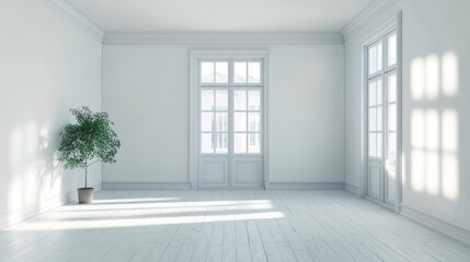 Fototapeta premium Minimalist White Room with Sunlight and a Plant