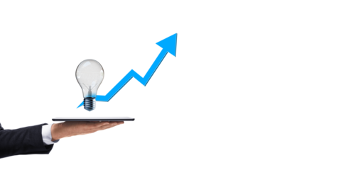 Businessman's hand holding a tablet with a light bulb and blue arrow pointing upwards on a white background. Concept of business growth and innovation