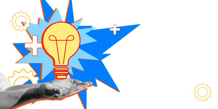 Lightbulb concept with human hands holding it, blue and yellow graphic elements, white background. Represents creativity and innovative ideas