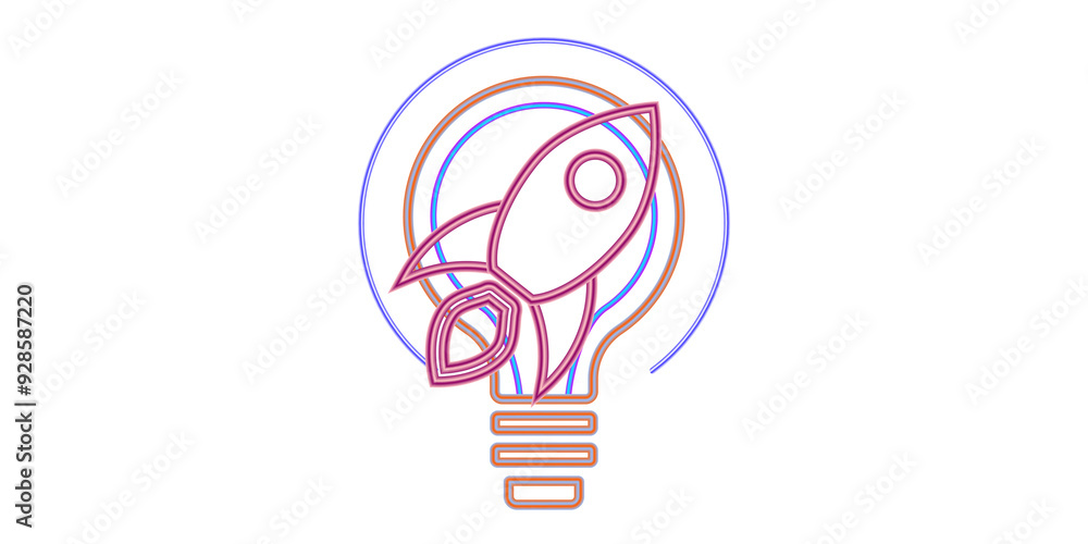 Poster Rocket and lightbulb icon on white background, representing creativity, innovation, and ideas. Clean and minimalistic design. 3D Rendering